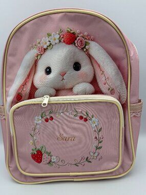 Pink Plush Bunny Backpack Strawberry Floral Print Sara Kids School Bag